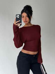 Aloruh Women's Elegant Solid Color Cinched Waist Batwing Sleeve T-Shirt, Autumn/Winter Long Sleeve Cropped Top - Burgundy - View 7