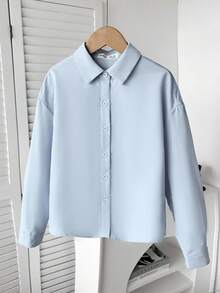 SHEIN Tween Girls' Casual Fashionable Versatile Woven Solid Color Back Slit Bow Decor Turndown Collar Long Sleeve Fitted Blouse, Back To School - Baby Blue - View 4