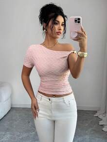 Elenzga Women's Elegant Beach Vacation Knit Asymmetrical Shoulder Top, Pink, Short Sleeve, Fitted, Metal Accent - Purple - View 1