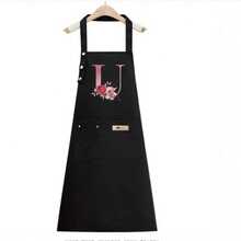 1PC Alphabet Series Black Base With Colorful Letters And Holographic Flower Pattern Cute Heart Print Apron, Perfect For Parties And Weddings, Made Of Peach Skin Fabric, Suitable For Kitchen, And Home Use – Unique Initial Letter Meaning Style. - Multicolor - View 11
