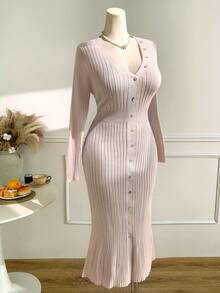 CovetEZ Robe pull ajustée avec décoration de boutons col V profond, automne/hiver, grande taille - Gris - Voir 9