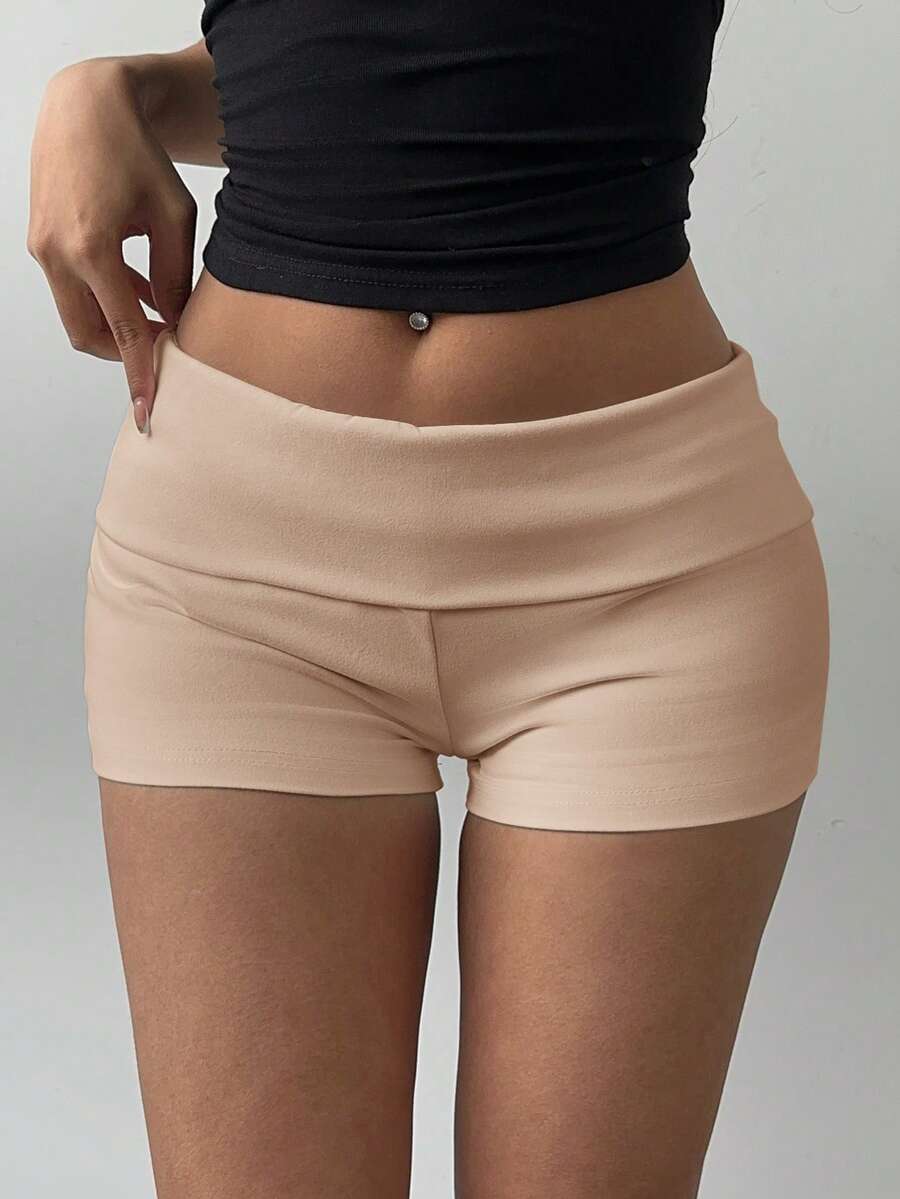 SHEIN BASICS Women's Casual Solid Color Knit Low Waist Fitted Sports Shorts/Summer - Khaki - View 1