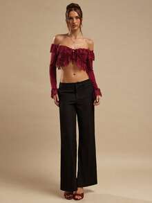 SHEIN BAE Burgundy Off Shoulder Long Sleeve Ruffle Sexy Tube Top For Women, Romantic Ruffle Hem Ladies Blouse, Casual Wear - Red - View 7