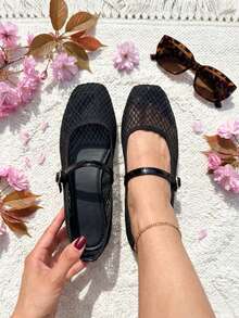 Elegantes balerinas de malla beige estilo Mary Jane para mujer, transpirables e informales, con correa y hebilla. Perfectas para eventos especiales en primavera/verano - Negro - Ver 1