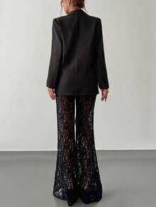 Islaluna 女士优雅宽松垫肩单排扣长袖西装外套及喇叭裤蕾丝裤套装 - 黑色 - 查看 2