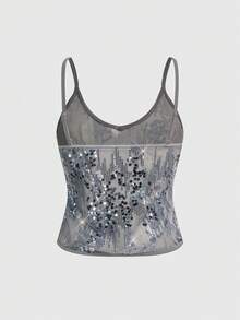 ROMWE Grunge Punk Sexy Shiny Mesh Camisole For Women - Silver - View 2