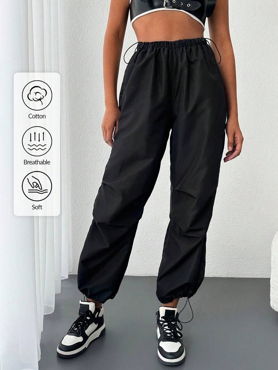 EURMUSE Solid Drawstring Hem Trousers - Black - View 1