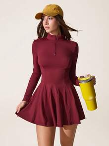 Core Rhythm 女士户外运动长袖半拉链高领A字连衣裙，女士运动短裤带手机口袋 - 酒紅色 - 查看 4