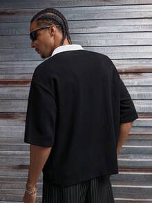 AXEPEAK Streetwear Casual Oversized Short Sleeve Polo Shirt With Contrast Color Graphic Print For Men - Black - View 2