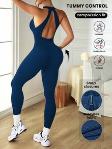 Slayform Women's Solid Color Backless Elastic Seamless Sports Jumpsuit, Summer - Navy Blue - View 4