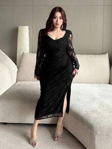 Dazy Plus Robe maxi élégante et sexy pour femmes en grande taille, en dentelle contrastée et ajustée, pour le printemps/été - Noir - View 7