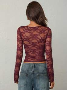 Aloruh 女士性感纯色酒红色蕾丝透视长袖上衣，秋冬款 - 酒紅色 - 查看 2