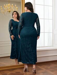 Modelyn Đầm dự tiệc cỡ lớn thanh lịch màu trơn ren trang trí hoa 3D - Màu xanh ngọc - Xem 4