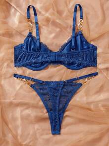2pcs/Set Women's Lace Wireless Bra Set, Daily Wear - Navy Blue - View 2