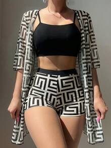 Swim Lushoire 3pcs Women Black Crop Bikini Top, Mesh Kimono Cover Up & Shorts Beach Outfit Set - Multicolor - View 3