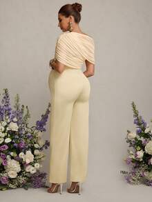 MaterniChic Pregnant Women's Elegant Contrast Mesh Ruffle Jumpsuit, Summer - White - View 2