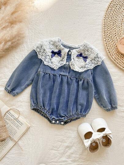 Vintaside Kids 女婴复古花卉刺绣蕾丝牛仔连体衣，优雅蝴蝶结领拼接灯笼袖宽松休闲百搭连体裤，适合休闲、日常穿着、露营、家庭聚会、度假、摄影、秋冬春季穿着。