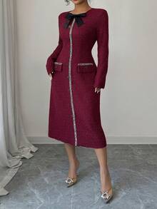 Elenzga 大码圆领长袖蝴蝶结装饰收腰优雅连衣裙 - 酒紅色 - 查看 3