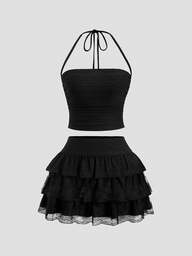 Sweetra Ensemble femme top court noir sans bretelles avec nœud et mini-jupe évasée contrastée en dentelle, style sexy Y2K pour les vacances