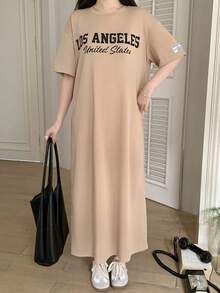 SHEIN 少女休闲字母印花连衣裙，返校季，日常穿着 - 杏色 - 查看 4