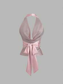 Sweetra Women's Solid Color Plunging Neckline Bow Tie Satin Camisole - Pink - View 2