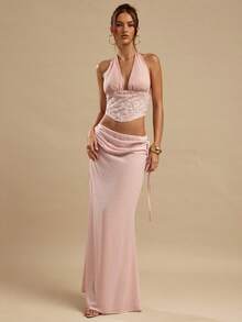 SHEIN BAE 纯色杏粉色垂褶领口系带腰身女士长款薄纱雪纺半身裙，性感透视沙滩裙，度假沙滩裙，夏季半身裙，粉色半身裙，适合优雅派对、夜店、音乐节等场合 - 粉色 - 查看 7