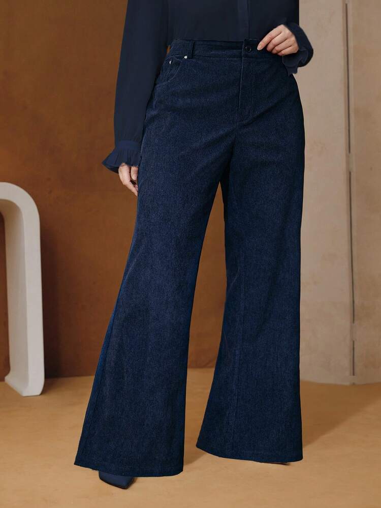 Women's Plus Size Navy Corduroy Flared Pants With Rivet Pockets, Elegant Business Casual Trousers For Autumn/Winter