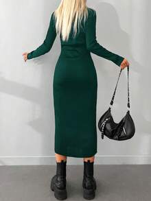 EURMUSE Turtleneck Ribbed Knit Bodycon Sweater Dress - Dark Green - View 2