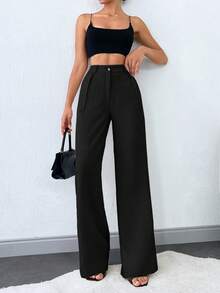 100%Cotton Women's Solid Slant Pocket Straight Leg Pants - Black - View 4