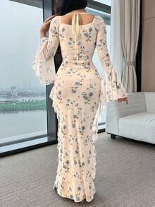 Feyla Women's Sweetheart Collar Flare Sleeve Ruffle Hem Slim Fit Elegant Long Dress, Summer Floral Dress Elegant Sheer Dress - Baby Blue - View 2