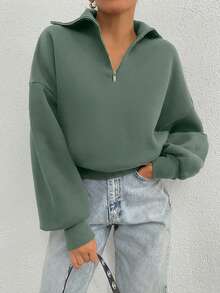 SHEIN Tall 100% Cotton Collar With Zipper Pattern Oversize Sweatshirt, Tall Women - Mint Green - View 4