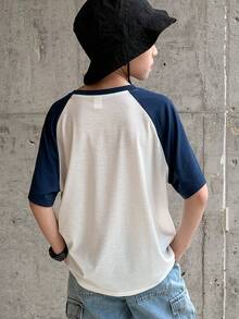 SHEIN Tween Boy Blue And White Stripe Raglan Sleeve Round Neck T-Shirt,Summer Casual Back-To-School Clothes For Outdoor Play,School Korean Fashion Tops - Multicolor - View 3