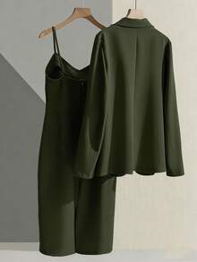 Franclia Casual Khaki Blazer Jacket Paired With Spaghetti Strap Waist Cinched Straight Dress, Women's 2 Pieces Set, Suitable For Spring/Autumn, Business/Casual Wear