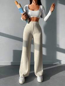 EURMUSE Solid Rib Knit Wide Leg Trousers - Apricot - View 4