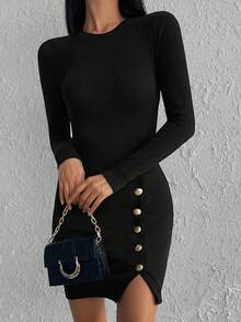 RueChic Button Detail Split Hem Bodycon Dress - Black - View 5