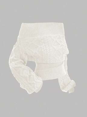 ROMWE Romantic Thick Knit Z-Pattern Deep Floral Gray Off Shoulder Lantern Sleeve Pullover Sweater