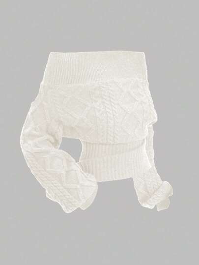 Romantic Thick Knit Z-Pattern Deep Floral Gray Off Shoulder Lantern Sleeve Pullover Sweater