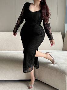 Dazy Plus Robe maxi élégante et sexy pour femmes en grande taille, en dentelle contrastée et ajustée, pour le printemps/été - Noir - View 1