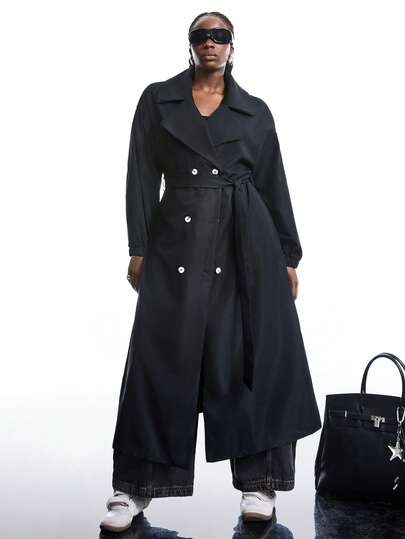 SHEIN EZwear 加大码黑色长款风衣，纯色长袖，简约时尚休闲日常外套