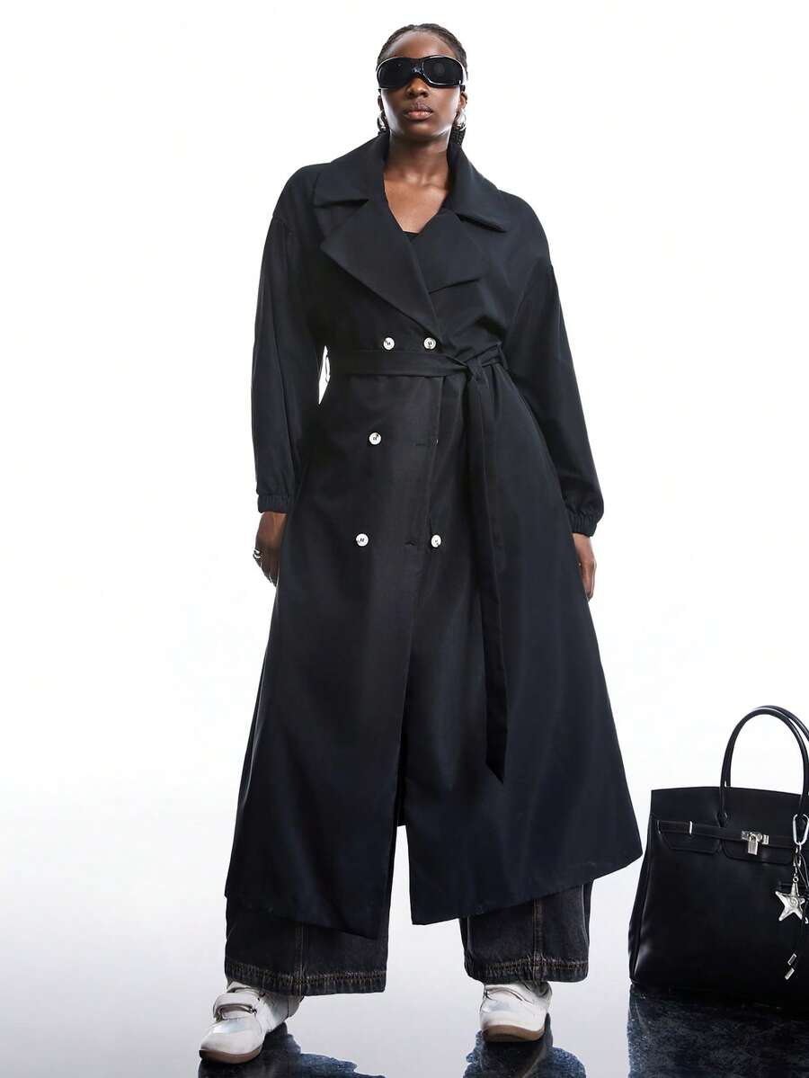 SHEIN EZwear 加大码黑色长款风衣，纯色长袖，简约时尚休闲日常外套 - 黑色 - 查看 1