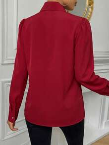 Firerie Blusa de mujer con cuello de jabot y mangas abullonadas, de unicolor, adecuada para el trabajo y el transporte, primavera/otoño - Rojo - Ver 2
