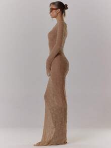 MUSERA 船领薄纱蕾丝修身喇叭下摆长袖连衣裙，适合春夏度假海滩游泳，优雅可爱性感波西米亚风，适合婚礼宾客、生日派对、伊比沙岛假日婚礼宾客、约会之夜、朋克派对等场合。 - 棕色 - 查看 4