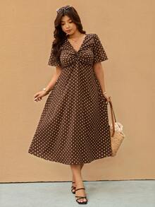 Elaquor Đầm dự tiệc cỡ lớn in chấm bi, thắt nút xoắn, kiểu dáng thường ngày, thích hợp cho kỳ nghỉ. - Cà phê nâu - Xem 6
