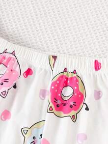 2 件套青少年女孩甜甜圈全身印花舒适短袖短裤套装，夏季休闲睡衣睡衣短裤套装熊可爱睡衣套装可爱睡衣卡哇伊服装 - 白色 - 查看 5
