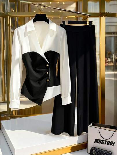 GlowEve 女士新款春季高端黑白撞色V领衬衫+垂坠阔腿裤两件套，采用二合一收腰设计，面料顺滑抗皱，剪裁修身显瘦。适合通勤、约会、职场、精致休闲和派对等各种场合，是必备单品。