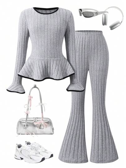 Tween Girls Solid Color Crew Neck Long Sleeve T-Shirt And Flare Pants 2-Piece Set