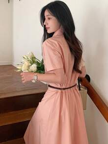 DAZY Women's Collared Waist Cinched A-Line Midi Dress, Pink, Lightweight For Commuting - Pink - View 5