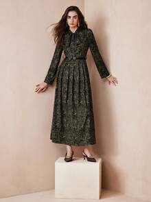 Revavyn 女士复古印花系带收腰修身优雅长袖连衣裙，秋季女装，秋季穿搭，优雅连衣裙 - 彩色 - 查看 8