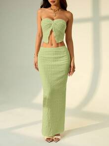 SHEIN PETITE Bộ áo ống và quần short dệt kim họa tiết màu be cho nữ, trang phục mùa xuân, trang phục lễ hội Rave, trang phục phương Tây cho nữ, trang phục đi biển cho nữ - màu xanh lá - Xem 4