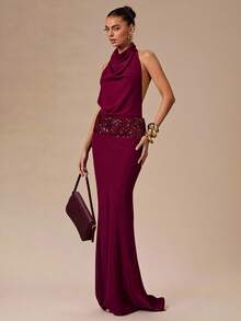 SHEIN BAE Burgundy Backless Sequin Patchwork Dress, Sexy Backless Gown Suitable For Cocktail Party, Romantic Date, Gathering, Wedding Bridesmaid, Night Out Evening Dress Elegant Evening - Burgundy - View 4